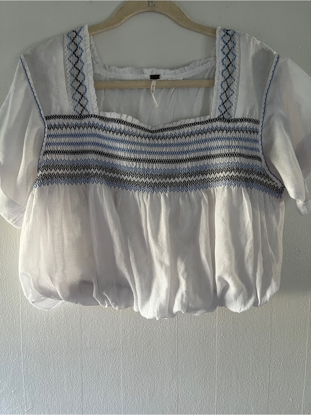 Free People White Peasant Top with Blue Embroidery